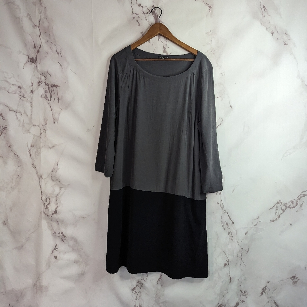 Eileen Fisher Tencel Dress Size XL Gray Black Mini Viscose 3/4 Sleeve Colorblock